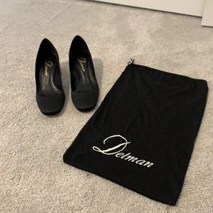 Black Satin Delman With Gold and Rhinestone Block Heel